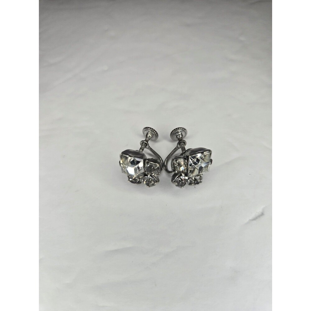 Silver Tone Screwback Earrings Clear Rhinestones
